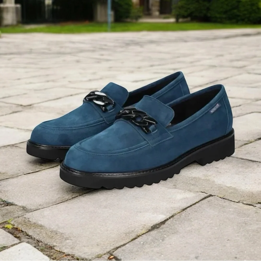 Memphisto Peacock Blue Velvet Leather SALKA Slip-On Loafers with Lug Sole